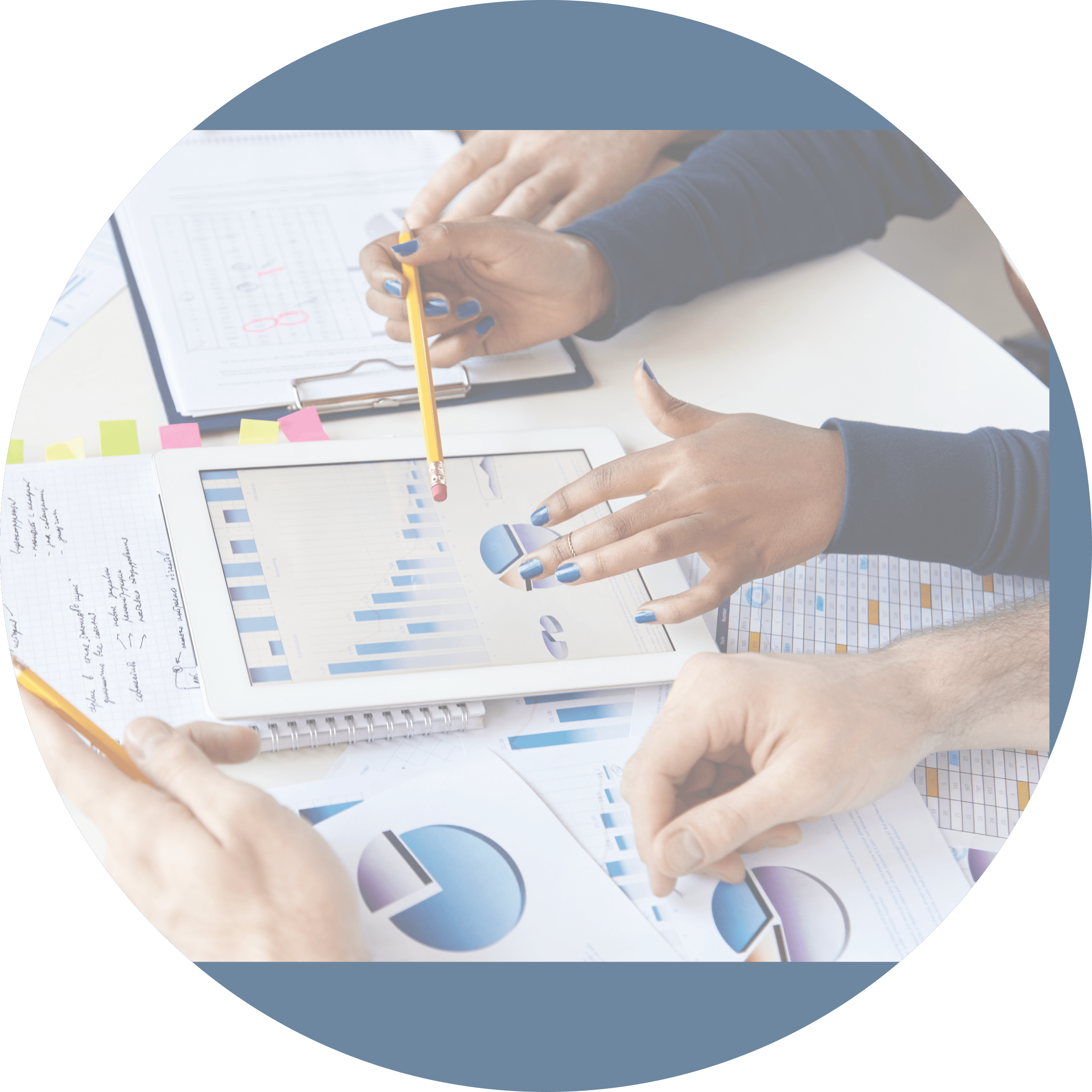 Colleagues working together on financial report using modern gadget. African girl with pencil presenting information on laptop screen, studying company's growth, showing diagram to her partners